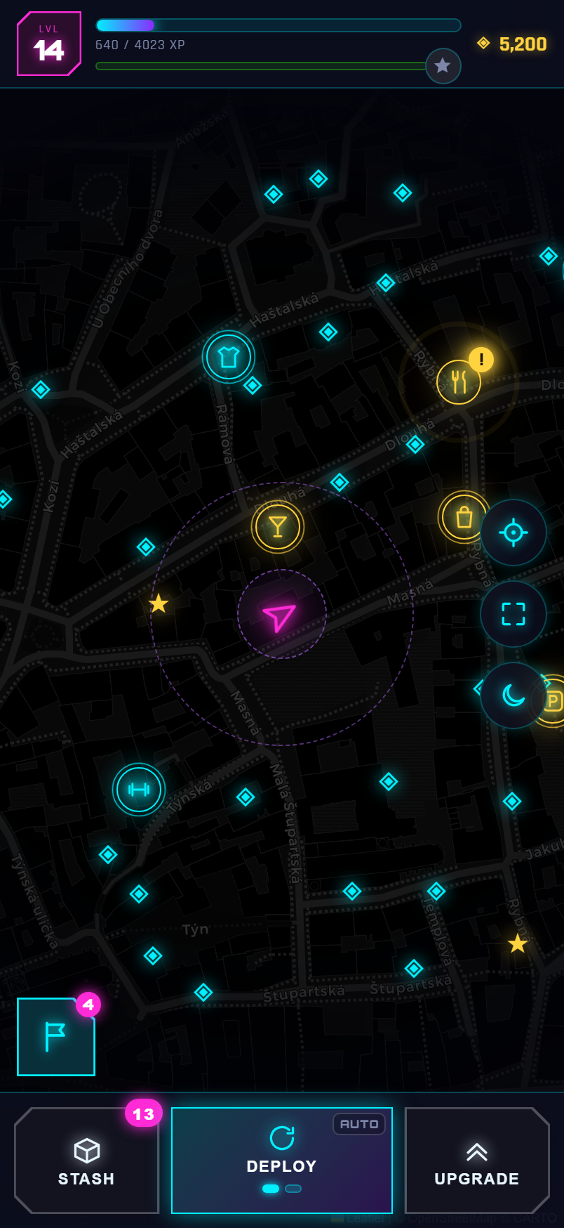 Gameplay map with deployed cores and signal nodes