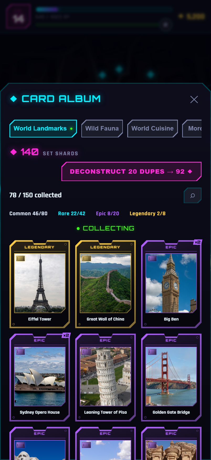 Card album grid of neon keycards